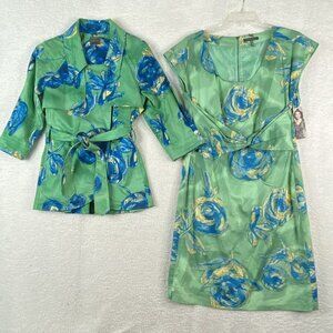 Kristin‎ Davis Dress Jacket Set Women 6/Small Green Blue Floral Y2K Retro Artsy